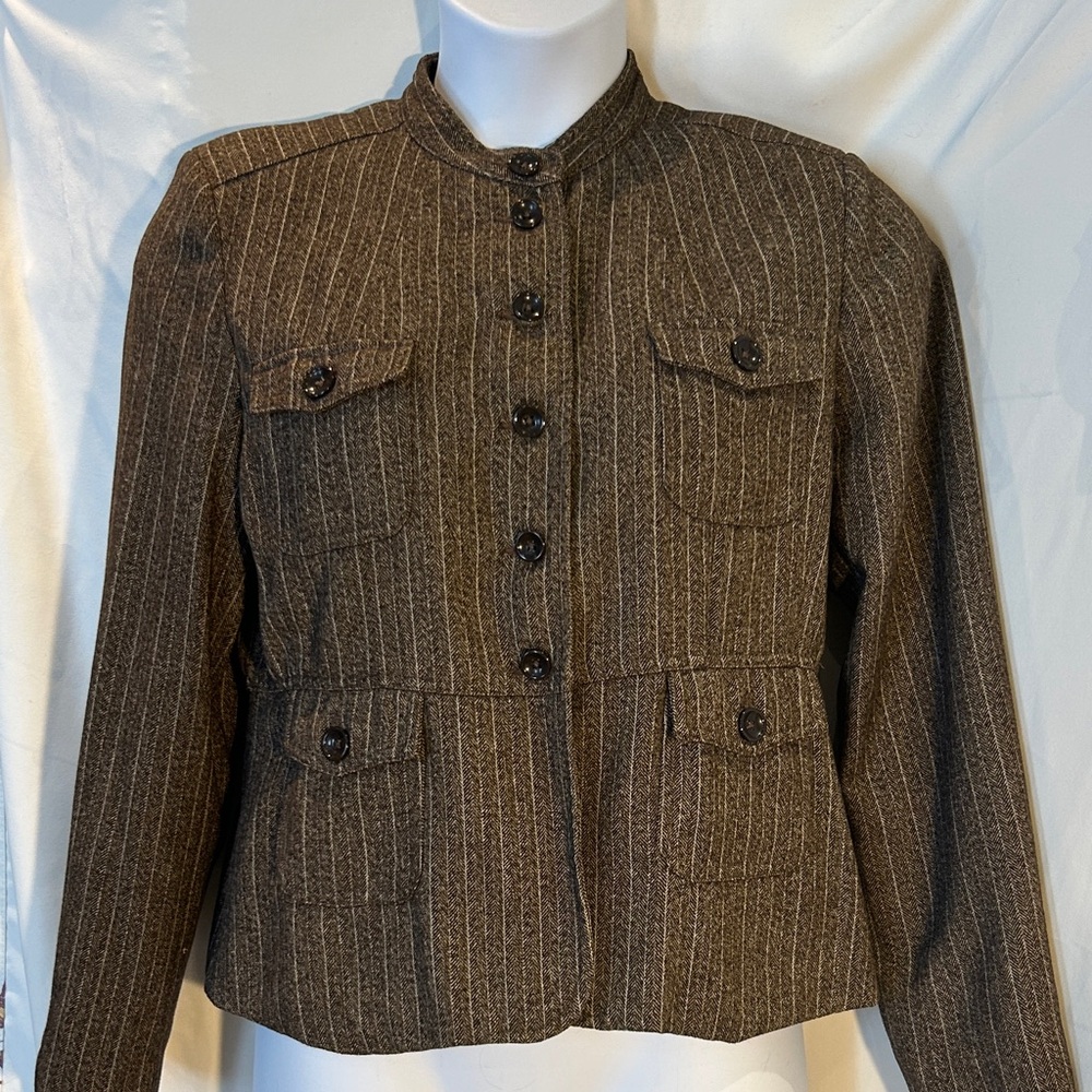 Brown Herringbone Military Jacket Womens 14 Tailored Utility Blazer Fall Academi